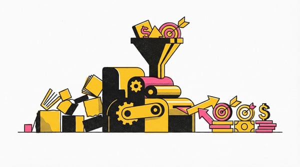 Visual metaphor of a funnel transforming content into currency, symbolizing sales conversion.