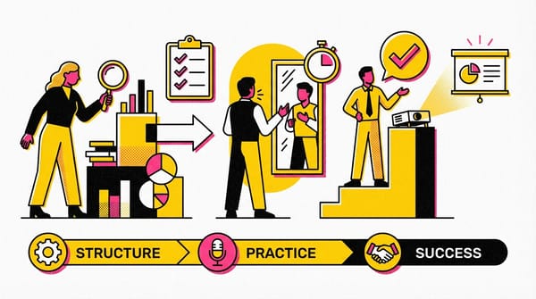 Confident speaker engaging an audience with clear gestures and visual aids.